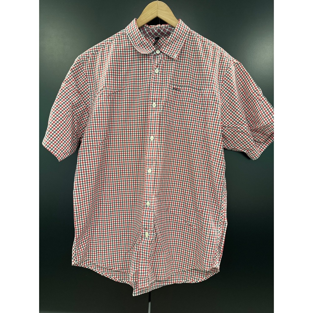 RVCA Mens XL Red White Navy Gingham Plaid Short Sleeve Button Down Cotton Shirt